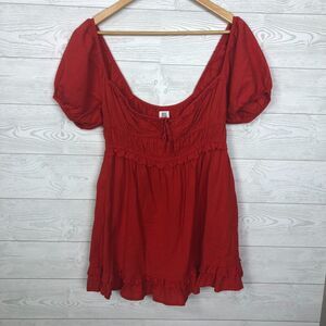 BDG Urban Outfitters Women's Small Square Neck Tunic Mini Dress Short Sleeve Red